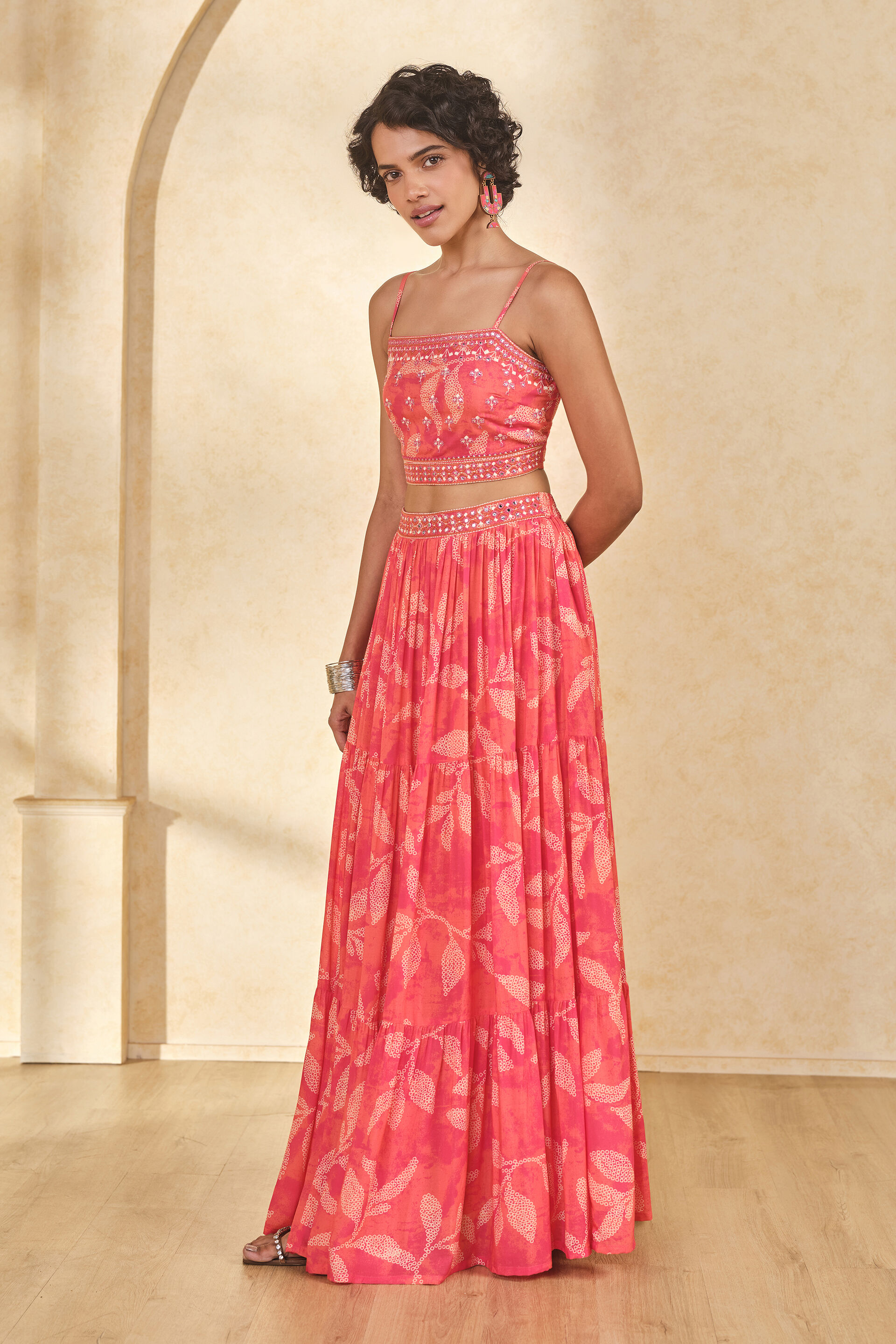 Leafy Print Skirt Set, Coral, image 7